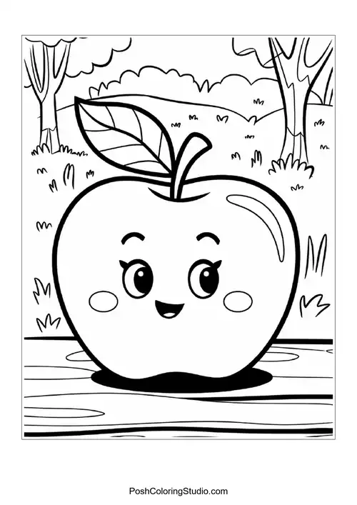 A smiling apple on a leaf with a sunny background.