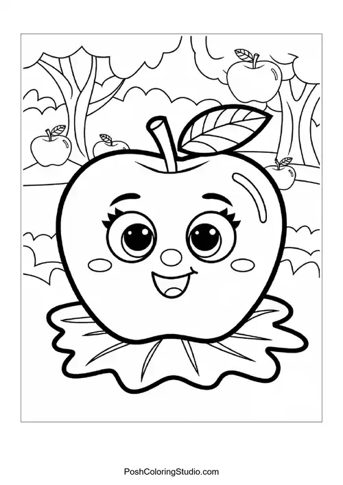 A happy apple with a leaf, sitting on a grassy area.