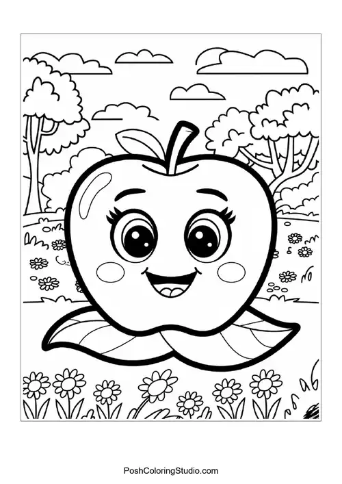 A smiling apple with a leaf, surrounded by flowers.