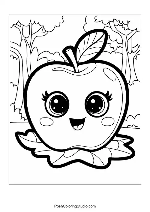A cute apple with big eyes and a leaf on a leaf base.