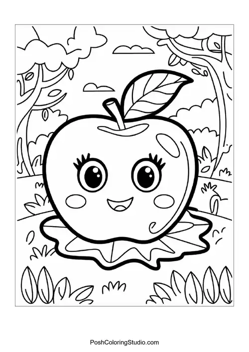 A smiling apple with big eyes and a leaf on top.
