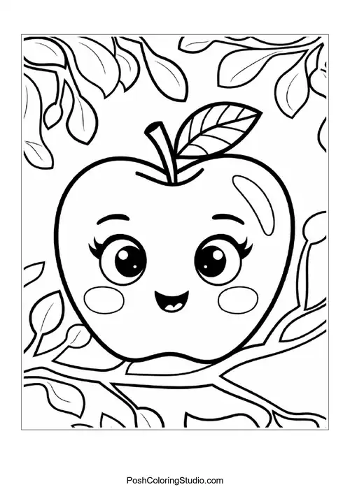 A smiling apple surrounded by branches and leaves.