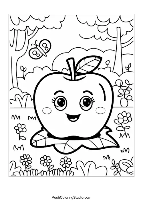 A happy apple with a leaf, sitting in a flower garden.