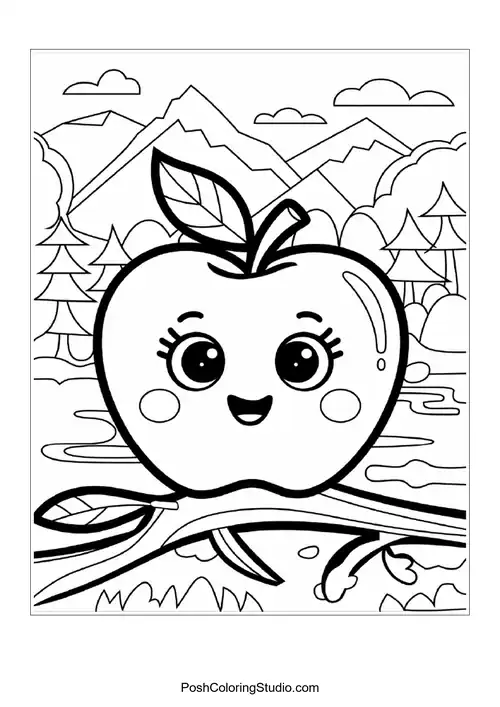 A smiling apple on a branch with mountains in the background.