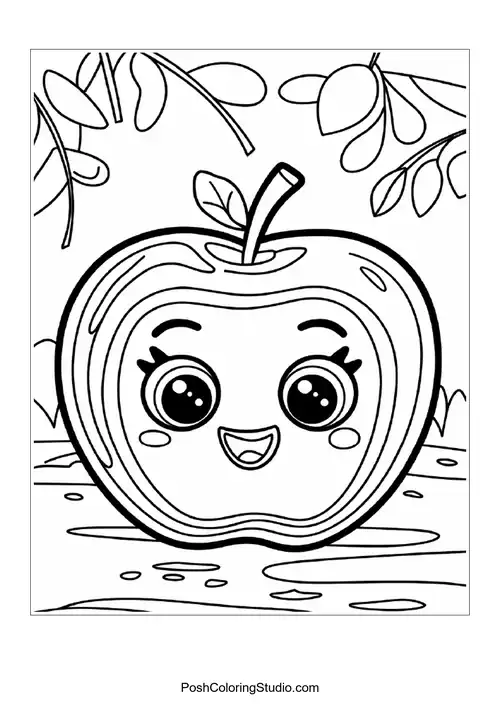 A cross-section of an apple with a smiling face.