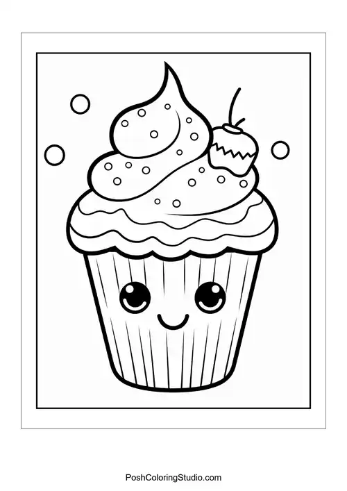A cupcake with a smiling face and a playful bubble background.