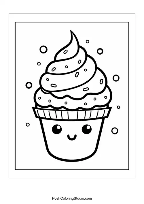 A cupcake with a smiling face and a cherry on top.
