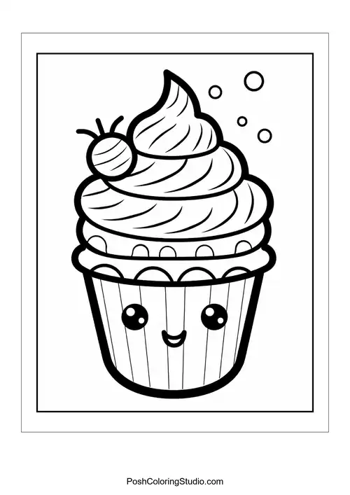 A cupcake with a happy face and a cherry on top.