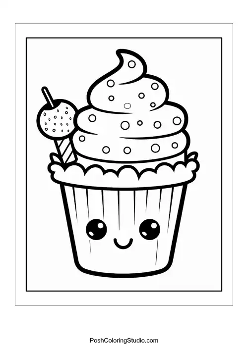 A cupcake with a smiling face and a cherry on top.