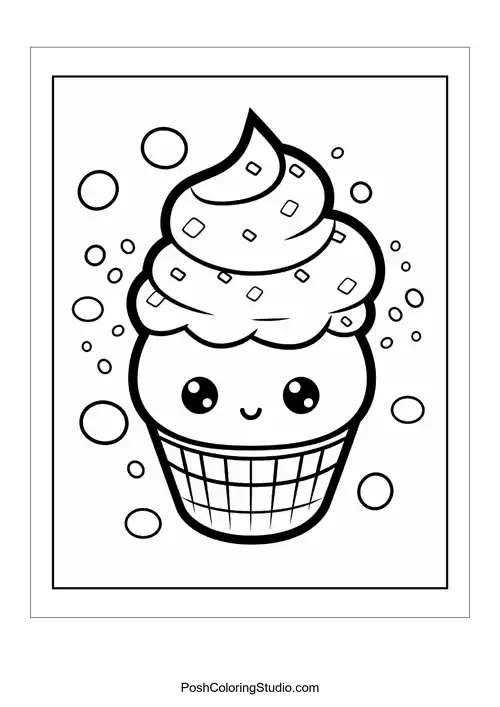 A cupcake with a smiling face and a cherry on top.