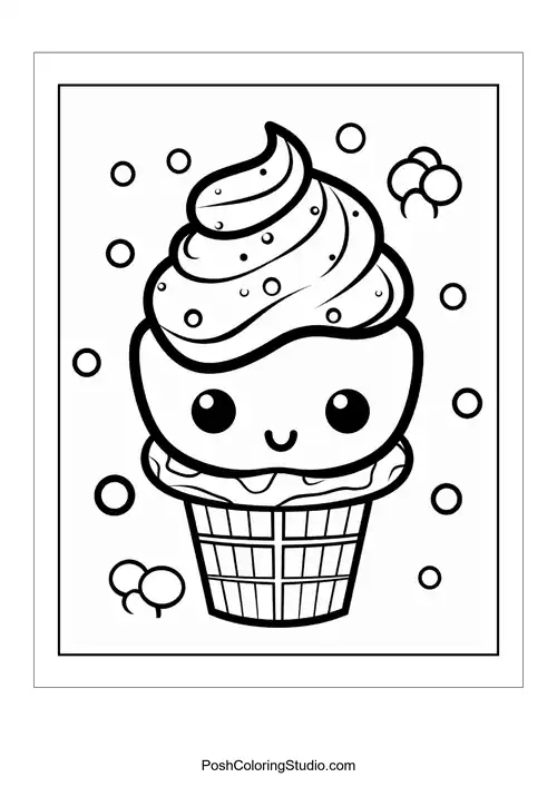 A cupcake with a smiling face and a cherry on top.