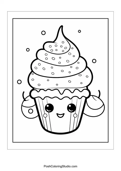 A cupcake with a happy face and a cherry on top.