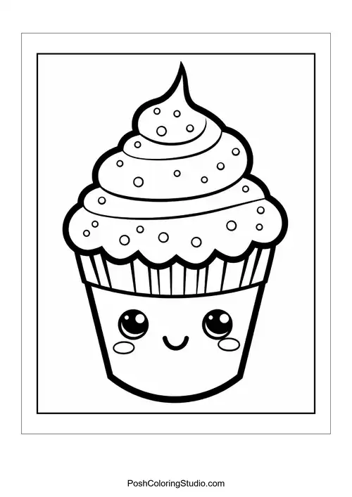 A cupcake with a smiling face and a cherry on top.