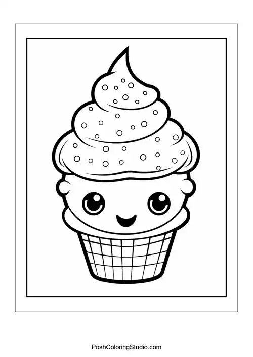 An ice cream cone with a cheerful expression and large sprinkles.