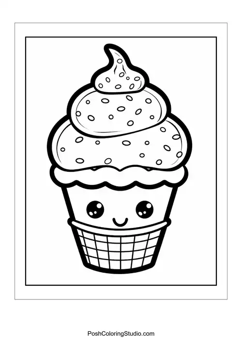 A cupcake with a smiling face and a cherry on top.
