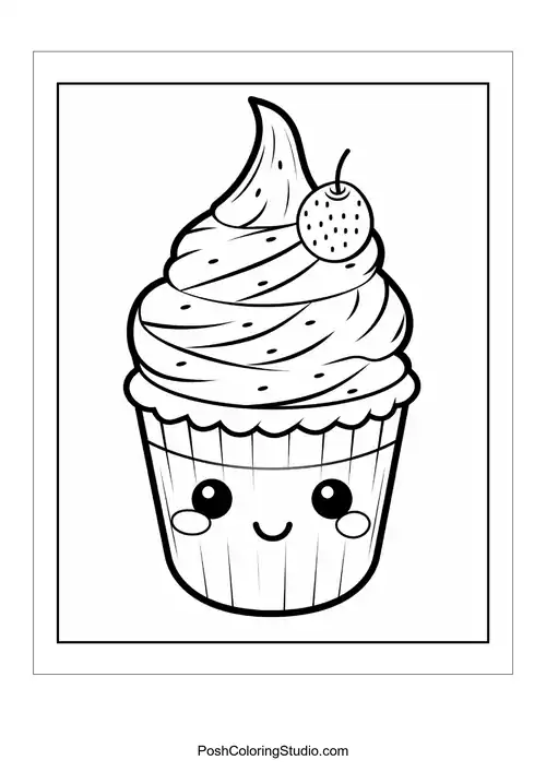 A cupcake with a happy face and a cherry on top.