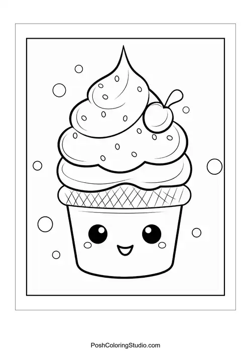 A cupcake with a smiling face and a cherry on top.