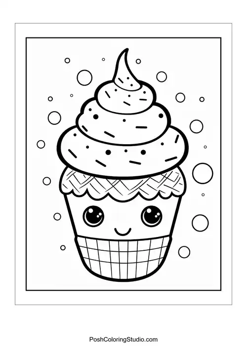 A cupcake with a happy face and a cherry on top.