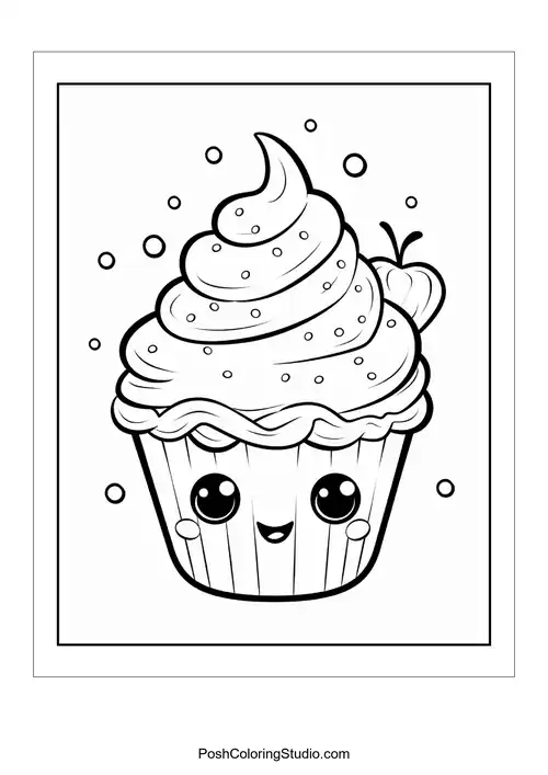 A cupcake with a smiling face and a cherry on top.