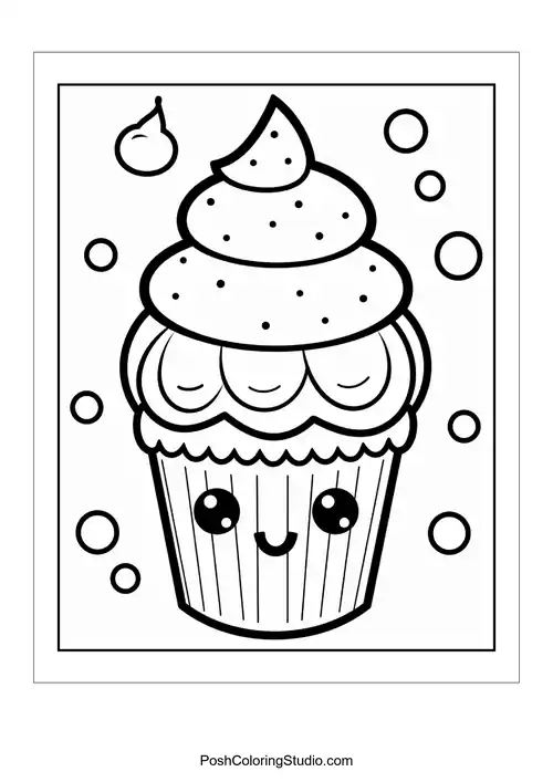 A cupcake with a smiling face and a cherry on top.