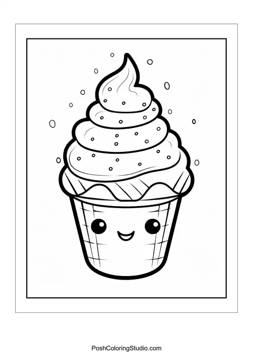 A cupcake with a smiling face and a cherry on top.