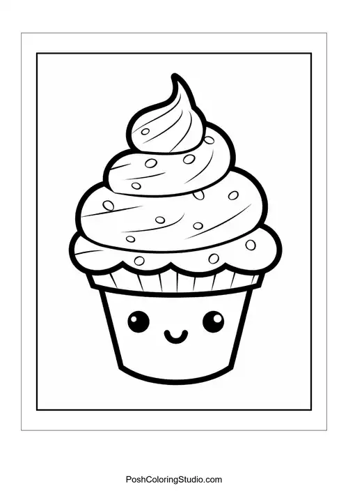 A cupcake with a smiling face and a swirl of frosting.