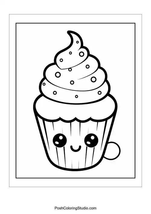 A cupcake with a smiling face and a cherry on top.