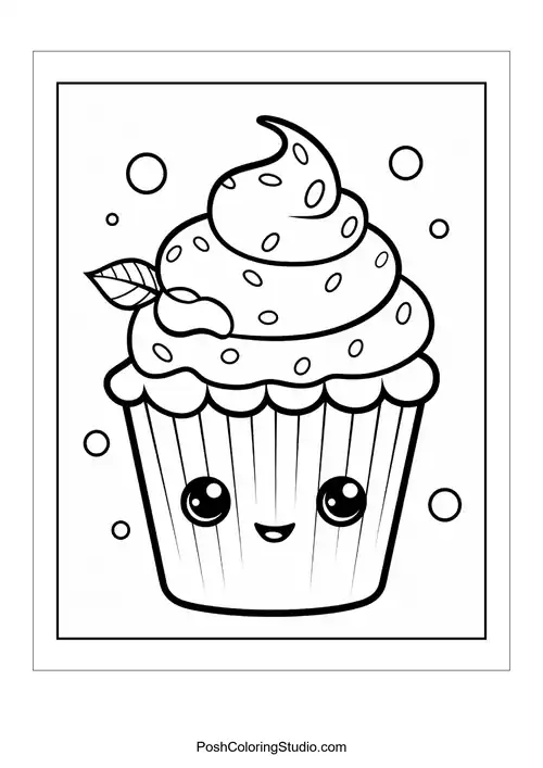 A cupcake with a smiling face and a cherry on top.
