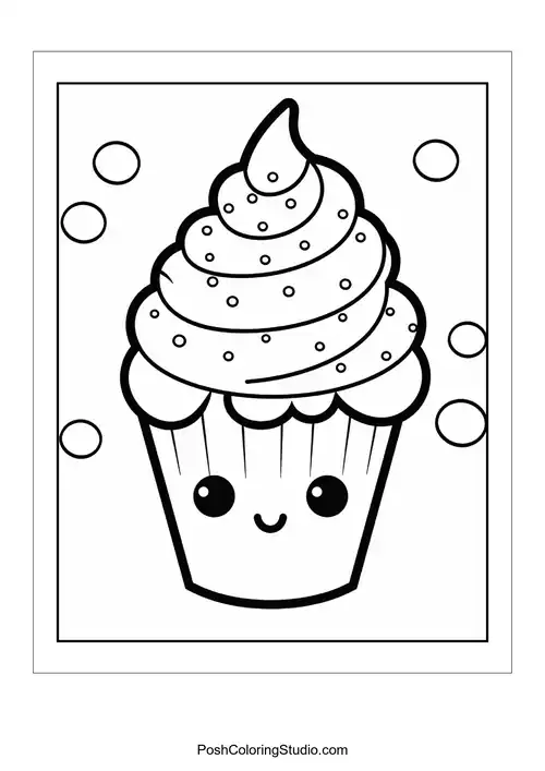 A cupcake with a smiling face and a cherry on top.