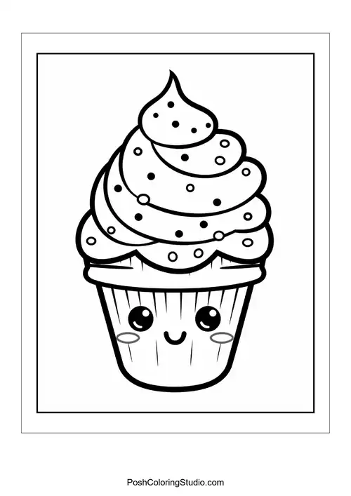 A cupcake with a smiling face and a cherry on top.
