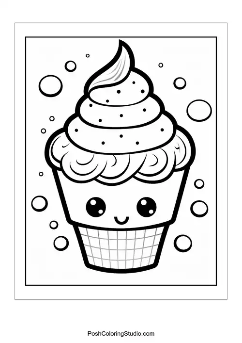 A cupcake with a smiling face and a cherry on top.