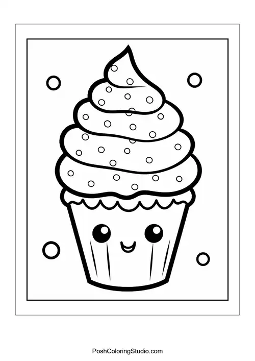 A cupcake adorned with sprinkles and a cheerful face.