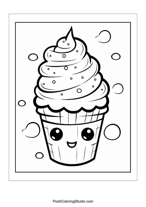 A cupcake with a happy face and a cherry on top.