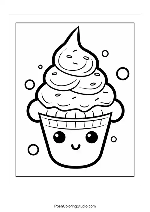 A cupcake with a smiling face and a cherry on top.