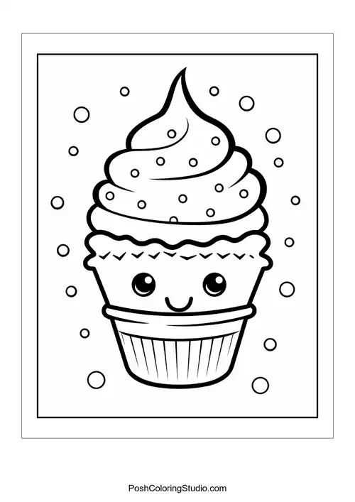 A cupcake with a smiling face and a cherry on top.