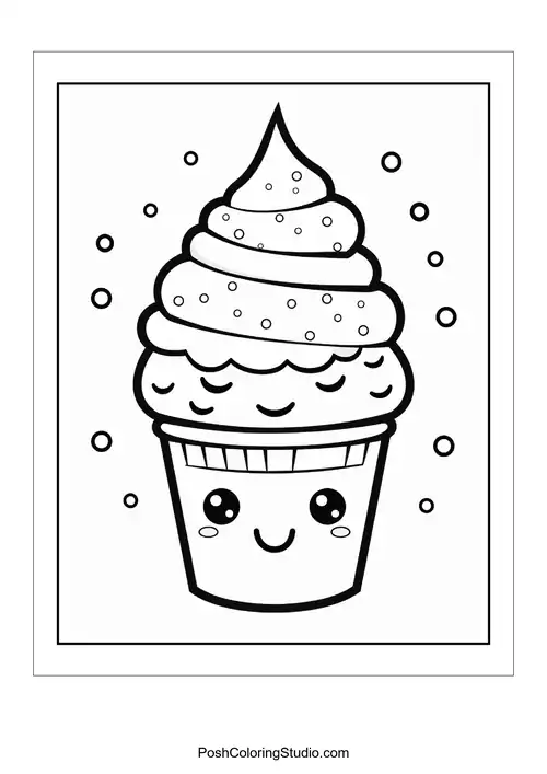 A cupcake with a smiling face and a cherry on top.