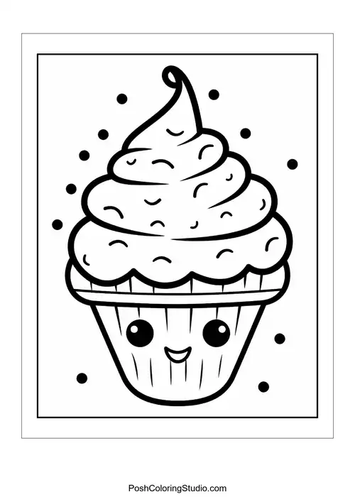 A cupcake with a smiling face and a cherry on top.