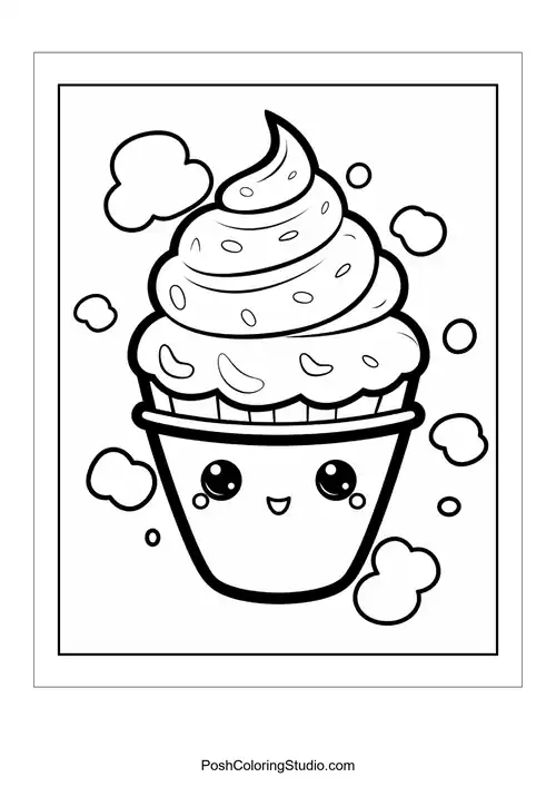 A cupcake with a happy face and a cherry on top.