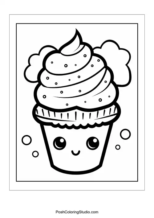 A cupcake with a smiling face and a cherry on top.