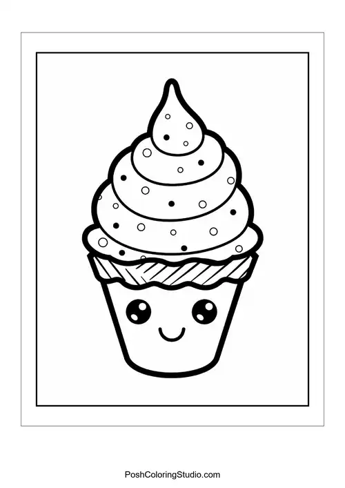 A cupcake with a smiling face and a decorative wrapper.