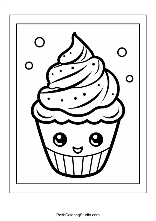 A cute ice cream cone with a smiling face and swirled topping.