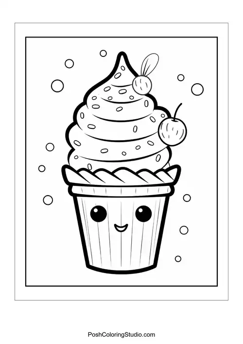 A cupcake topped with frosting and a cherry, smiling brightly.