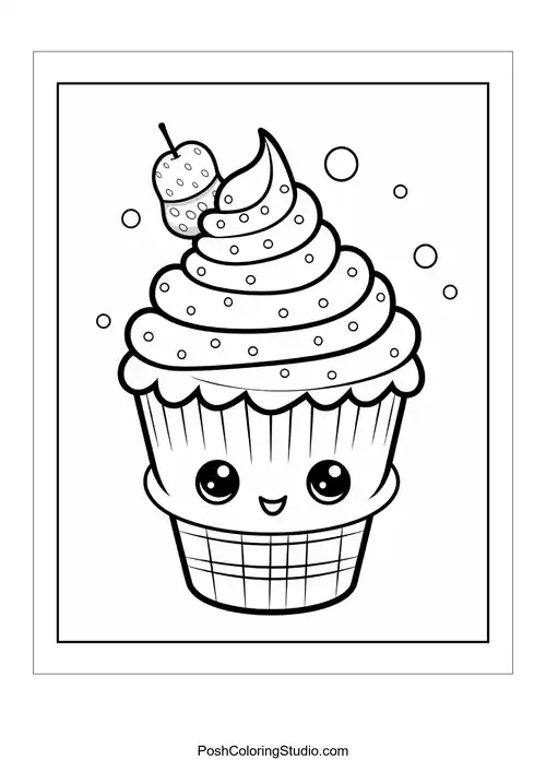 A cupcake with a big smile and a strawberry on top.