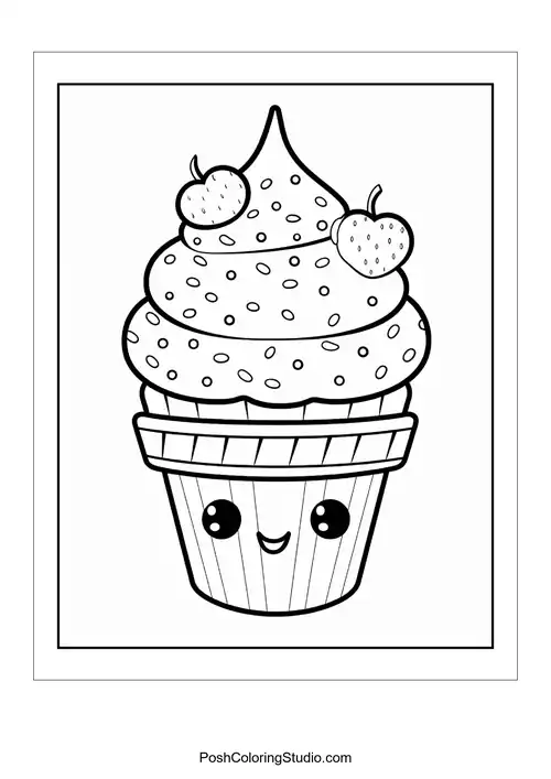 A cupcake with two cherries and a cheerful expression.