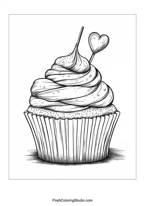 A cupcake with swirled frosting and a heart-shaped decoration.