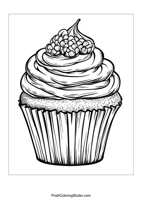 A cupcake with a leaf and a swirl of frosting.