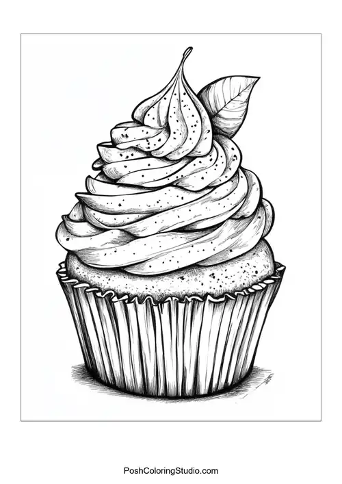 A cupcake topped with berries and swirled frosting.