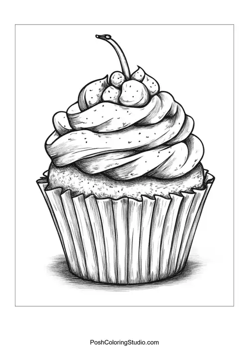A cupcake topped with a cherry and swirled frosting.
