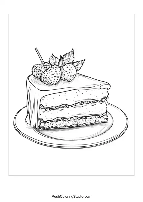A slice of cake topped with berries and cream.