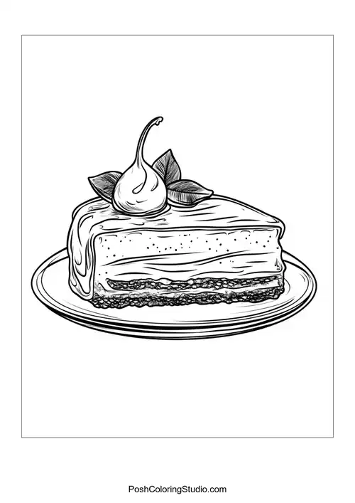 A slice of cake topped with a pear and leaves.
